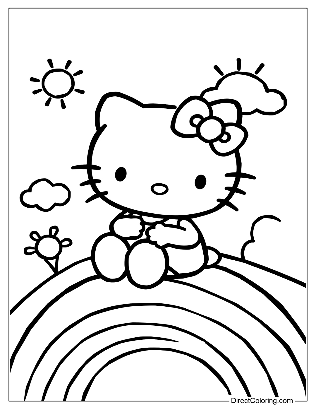 Hello Kitty Sitting on a Rainbow Coloriing Sheet